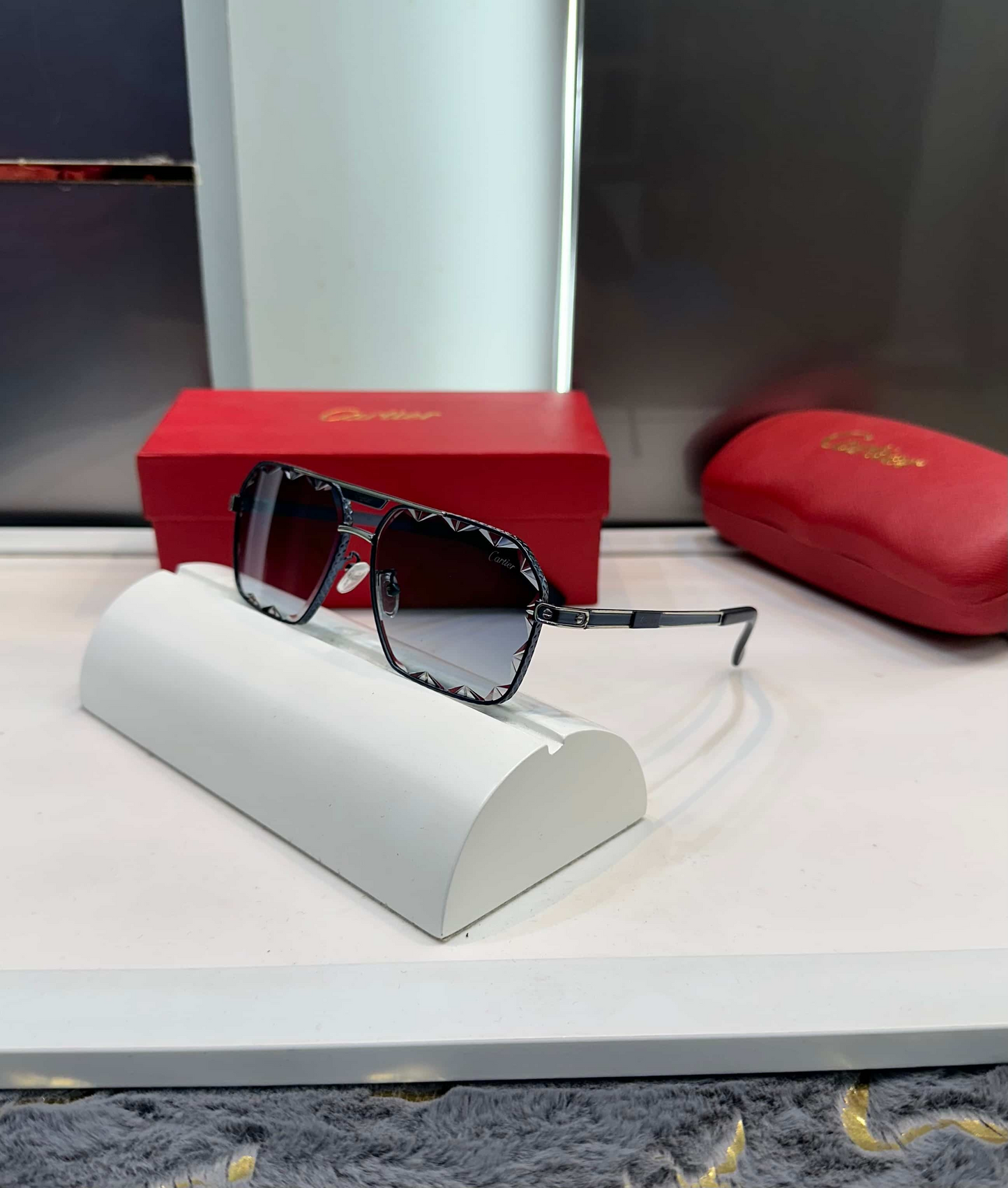 Cartier Silver Blue Metal Designer Shades 3515